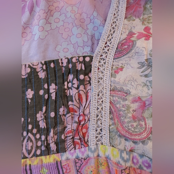 Jayli patchwork boho flutter sleeve maxi dress size M crochet bodice tie waist - Picture 6 of 10